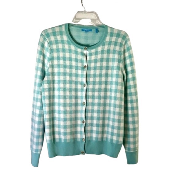 Draper James Sweaters - Draper James Women’s Gingham Turquoise & White Cardigan Sz L Preppy Academia